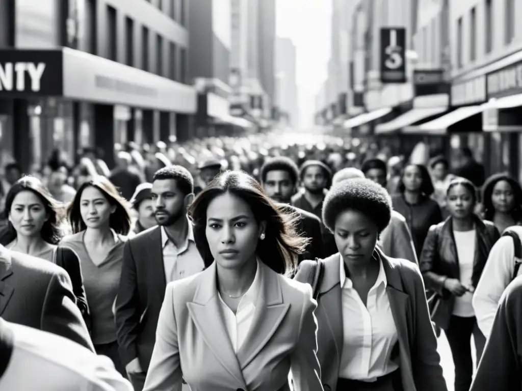 Una poderosa imagen en blanco y negro de una concurrida calle de la ciudad, capturando la diversidad y la determinación de las personas