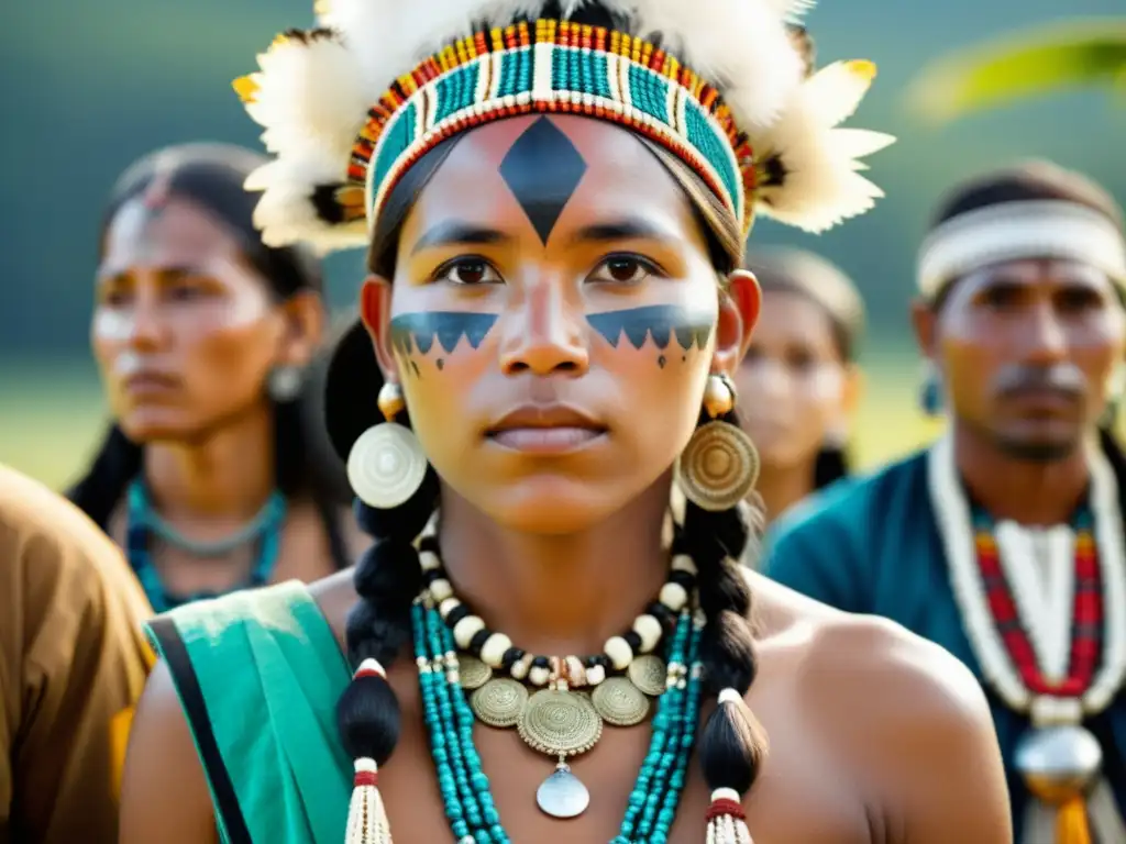 Una poderosa imagen documental de pueblos indígenas en vestimenta tradicional, participando en una ceremonia cultural en un entorno natural exuberante