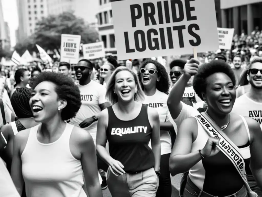 Una poderosa marcha de activistas de todas las edades y orígenes ondeando banderas LGBTIQ+ en una celebración de amor y equidad