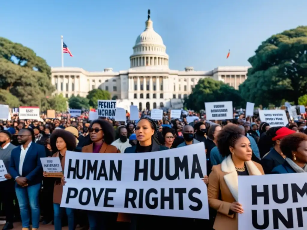 Una poderosa manifestación pacífica, diversa y determinada, abogando por los derechos humanos en un entorno simbólico