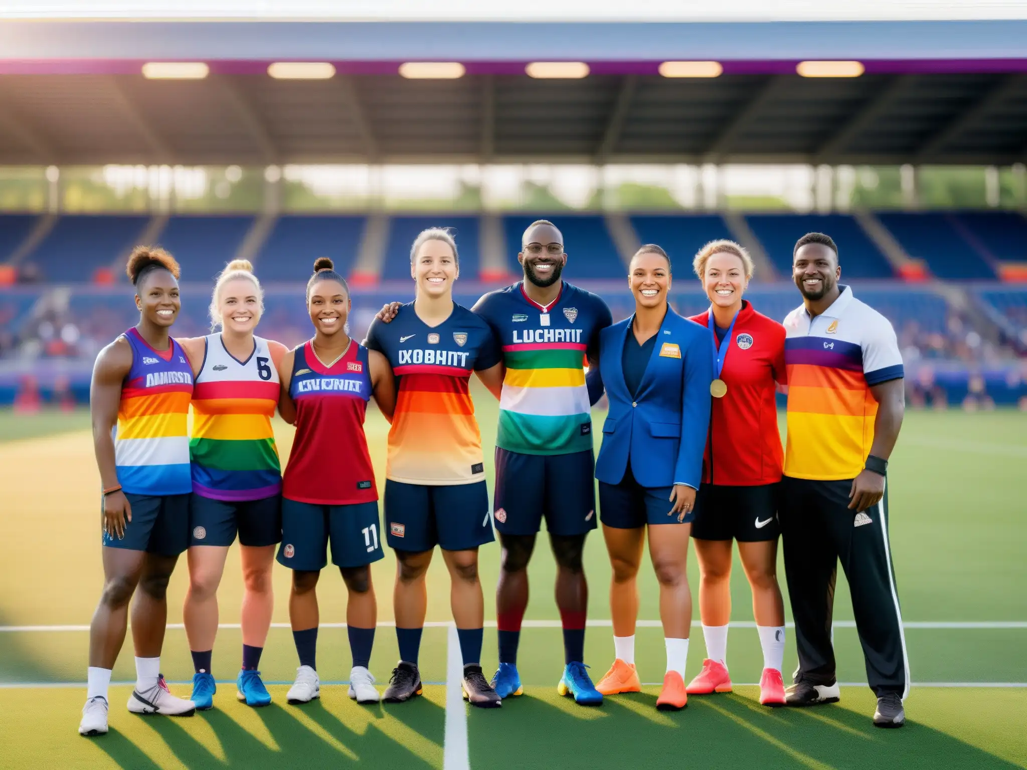 Un poderoso y conmovedor retrato de atletas LGBTQ+ de diferentes deportes, unidos en solidaridad en un campo deportivo