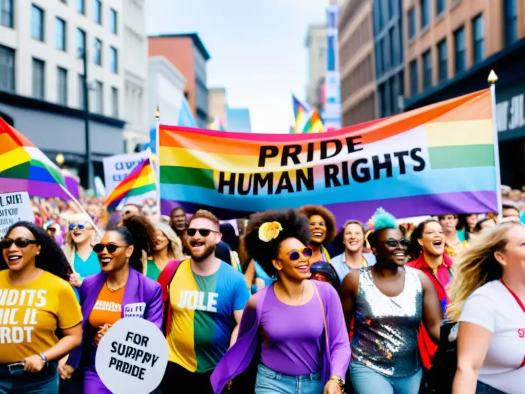 Un poderoso desfile de activistas LGBTIQ+ luchando por los derechos humanos globales, en una marcha llena de color y determinación