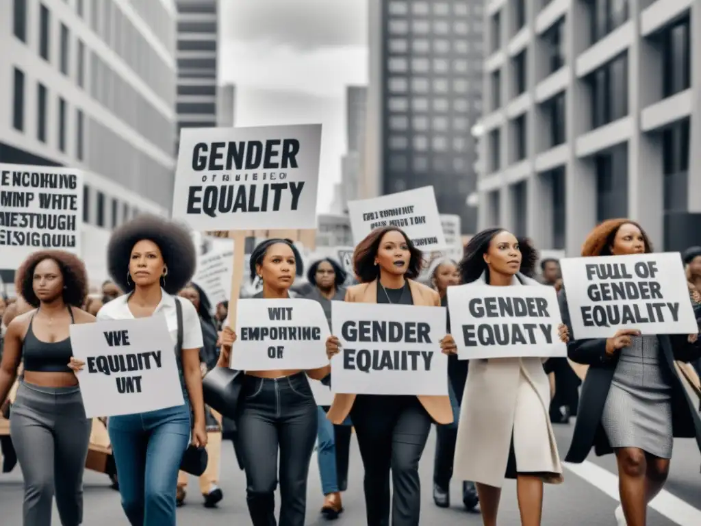 Un poderoso desfile de mujeres variadas sosteniendo carteles inspiradores sobre igualdad de género