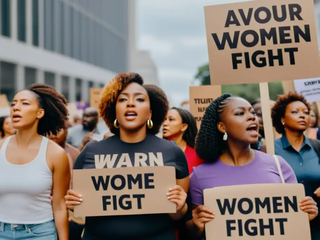 Un poderoso grupo diverso de mujeres marcha unido en protesta, exigiendo Derechos Humanos Globales de la Mujer, con determinación y fuerza