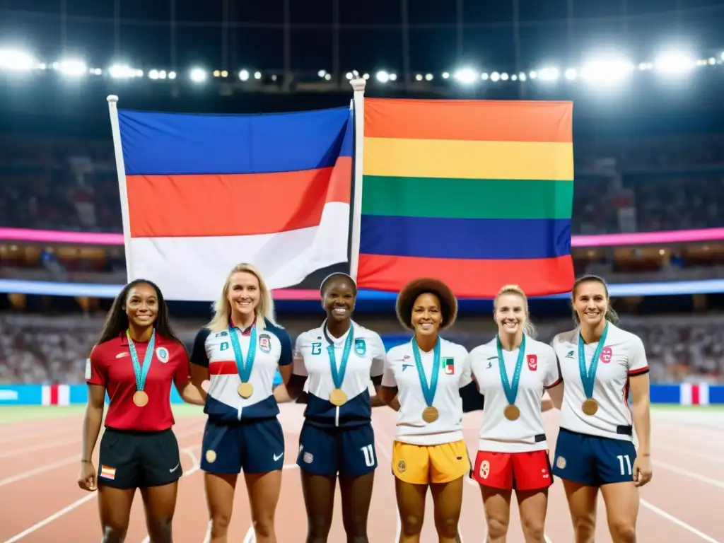 Un poderoso grupo internacional de atletas femeninas muestra unidad y fuerza, promoviendo la igualdad de género en competiciones internacionales