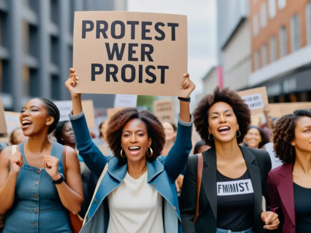 Mujeres empoderadas: protesta urbana por la igualdad de género Un poderoso grupo de mujeres diversas sostiene carteles en una manifestación por la igualdad de género en la ciudad