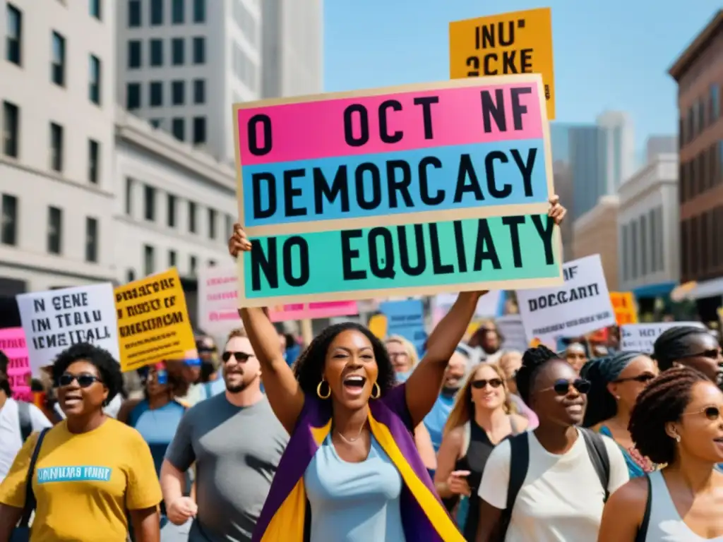 Un poderoso movimiento democrático remodelando políticas globales, con manifestantes marchando y portando coloridas pancartas en la calle de la ciudad