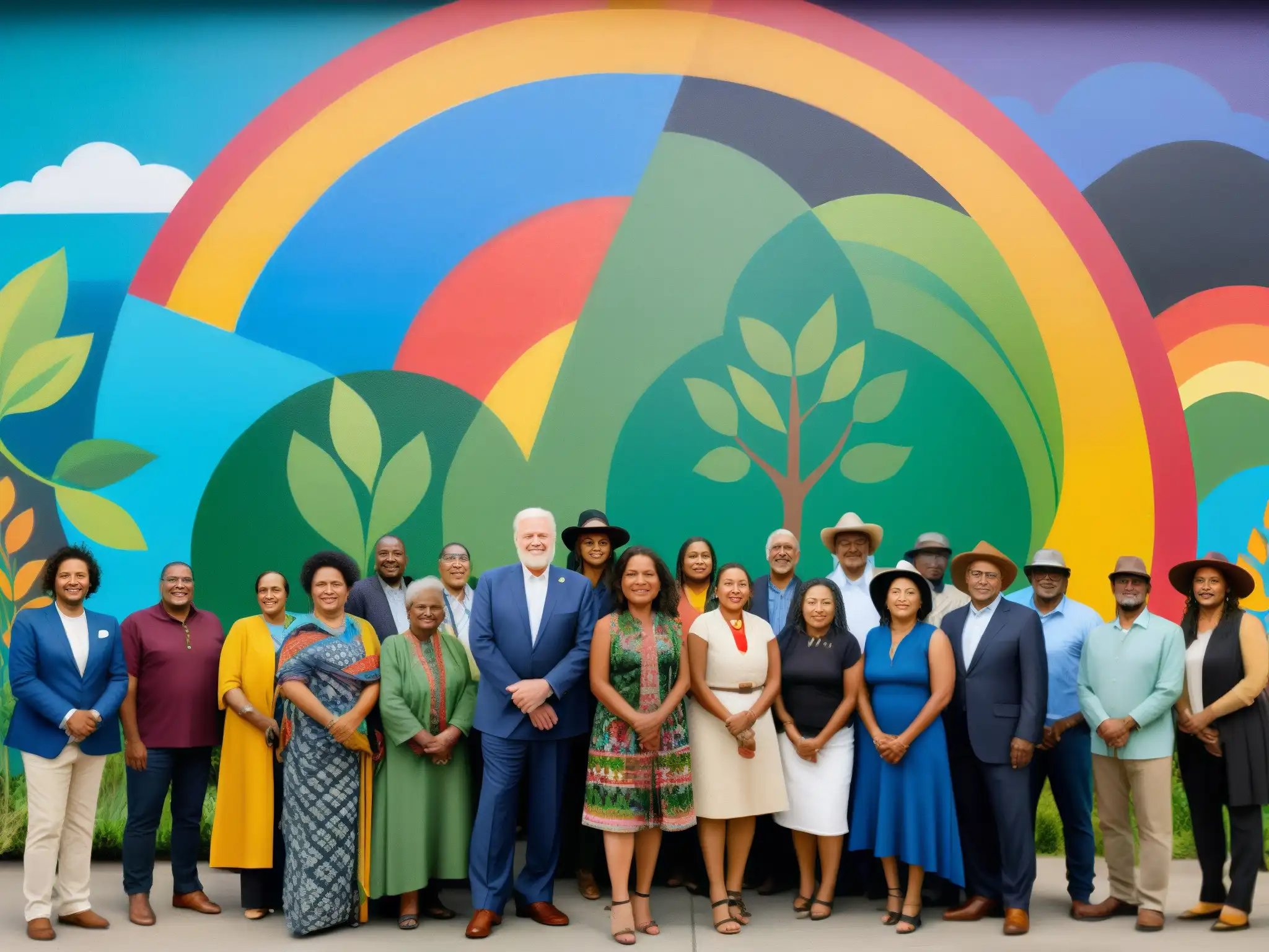 Un poderoso mural con líderes indígenas y activistas, uniendo estrategias culturales cambio climático derechos humanos