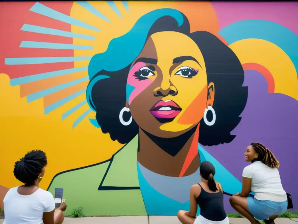 Un poderoso mural muestra a mujeres diversas pintando juntas, compartiendo sus historias y creando un símbolo vibrante de empoderamiento femenino a través del arte