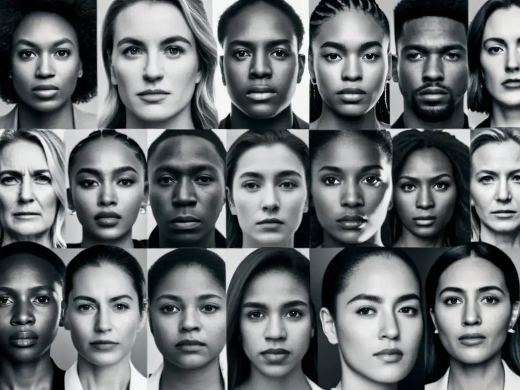 Un poderoso retrato en blanco y negro de un grupo diverso unido en solidaridad, reflejando el impacto del #MeToo a nivel mundial