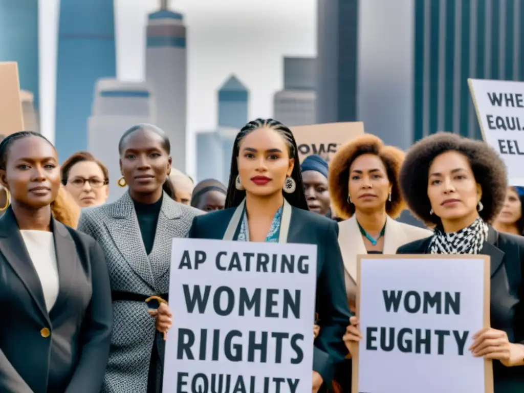 Un poderoso retrato en blanco y negro de mujeres diversas, unidas en la lucha por la igualdad y los derechos de la mujer, con impacto global