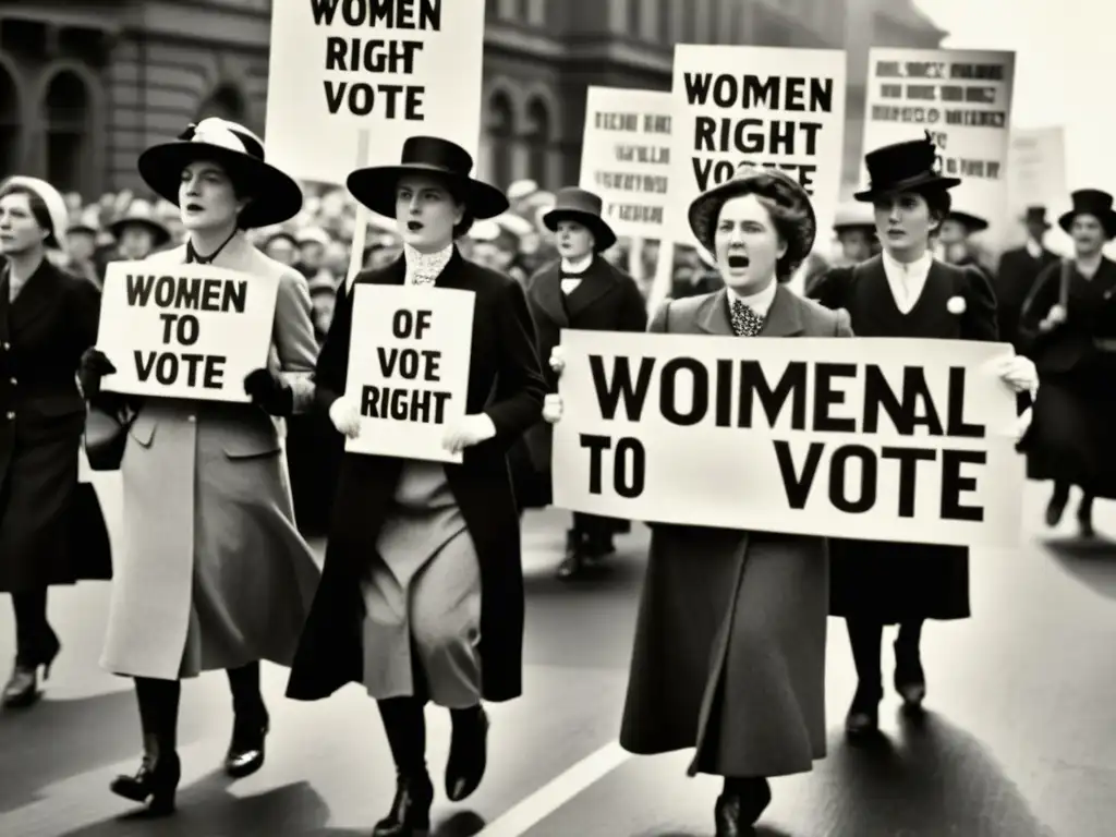 Un poderoso retrato en blanco y negro de sufragistas del siglo XX marchando por el voto femenino con determinación y compromiso