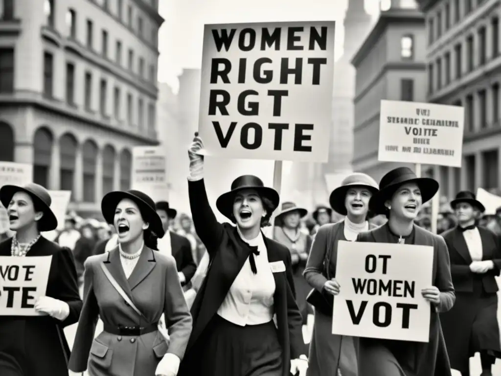 Un poderoso retrato en blanco y negro de sufragistas marchando por las calles de la ciudad, abogando por el voto femenino con determinación y pasión