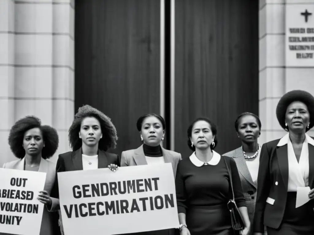 Un poderoso retrato en blanco y negro de mujeres desafiantes frente a un edificio gubernamental, denunciando la violencia de género durante dictaduras