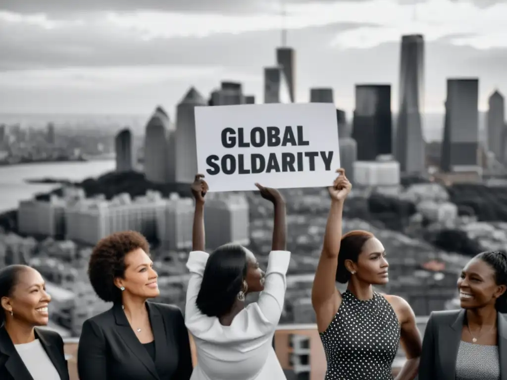 Mujeres unidas contra la violencia: imagen impactante en blanco y negro Un poderoso retrato en blanco y negro de mujeres diversas, mostrando determinación y solidaridad con mensajes de empoderamiento