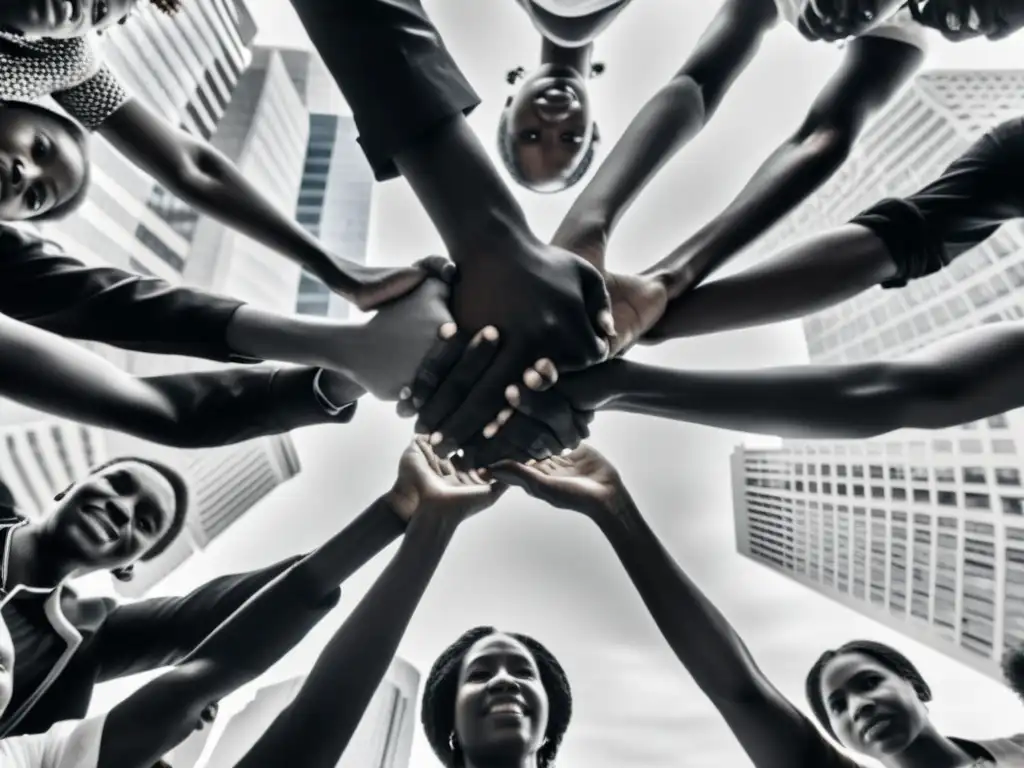 Un poderoso retrato en blanco y negro de un diverso grupo de personas unidas en círculo, simbolizando la unidad y solidaridad en la lucha por los derechos humanos