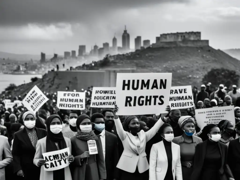 Un poderoso retrato en blanco y negro de personas con carteles de derechos humanos en una ciudad destruida por la guerra