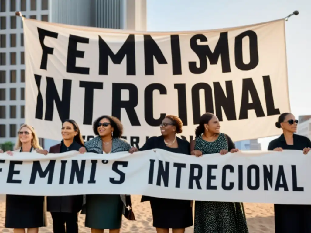 Un poderoso retrato en blanco y negro de mujeres diversas unidas en solidaridad bajo un letrero 'Feminismo Interseccional'