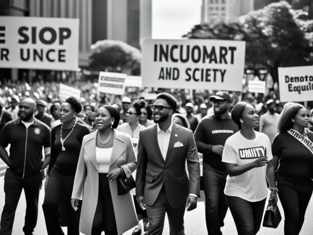 Un poderoso retrato en blanco y negro de un grupo diverso marchando juntos por la inclusión de minorías en movimientos democráticos