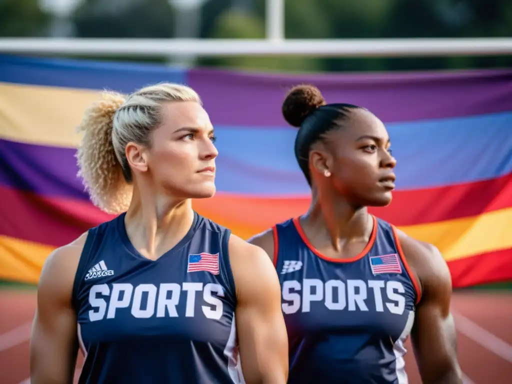 Un poderoso retrato documental de atletas LGBTQ+ diversos unidos en un campo deportivo, listos para competir con determinación y orgullo