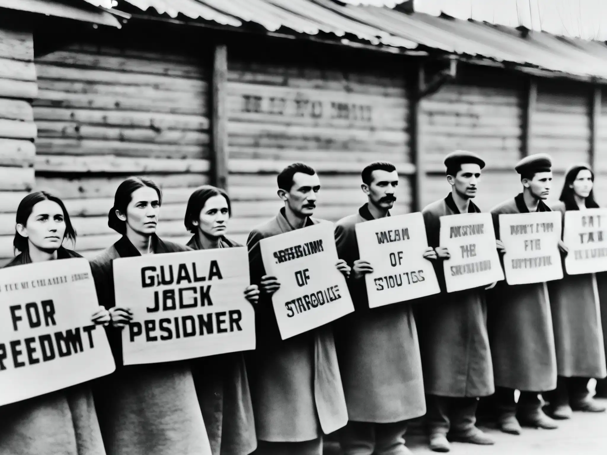 Poetas del Gulag en la Unión Soviética: Emaciated prisoners holding defiant signs outside their barracks, expressing resilience and courage