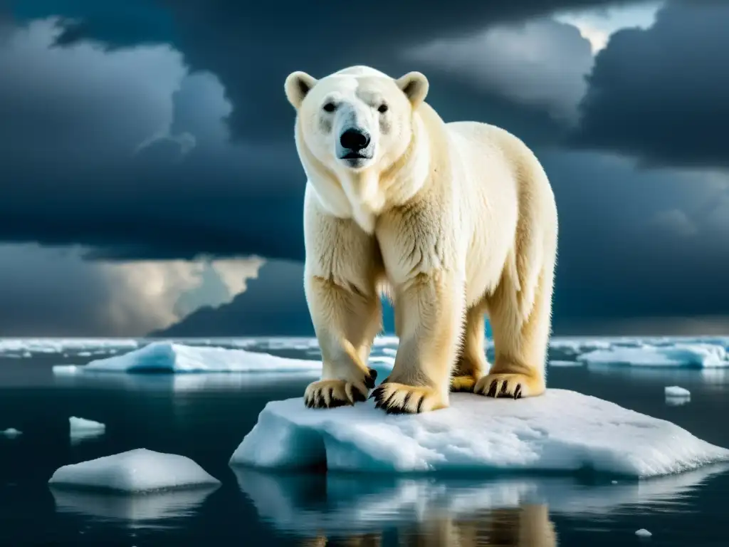 Polar bear vulnerable en deshielo, bajo tormenta, evocando impacto del cambio climático en la vida silvestre ártica