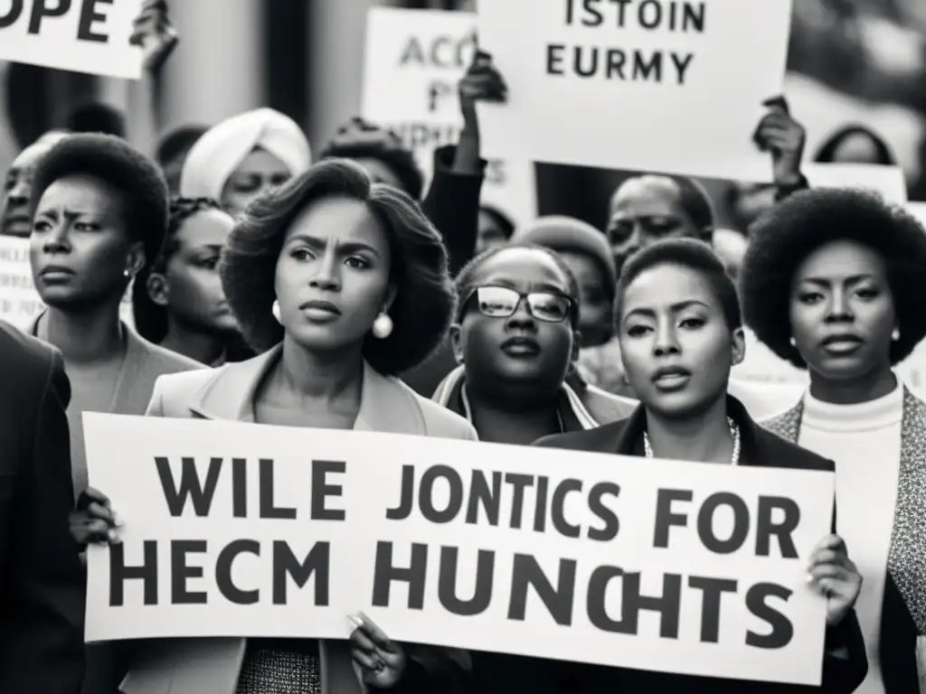 Un potente retrato en blanco y negro de un grupo de personas sosteniendo carteles con mensajes poderosos a favor de los derechos humanos