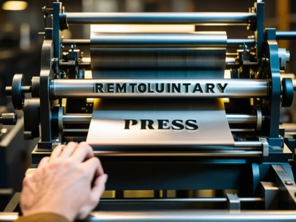 Una prensa de imprenta en acción durante la revolución americana, con manos manchadas de tinta colocando letras metálicas en la máquina