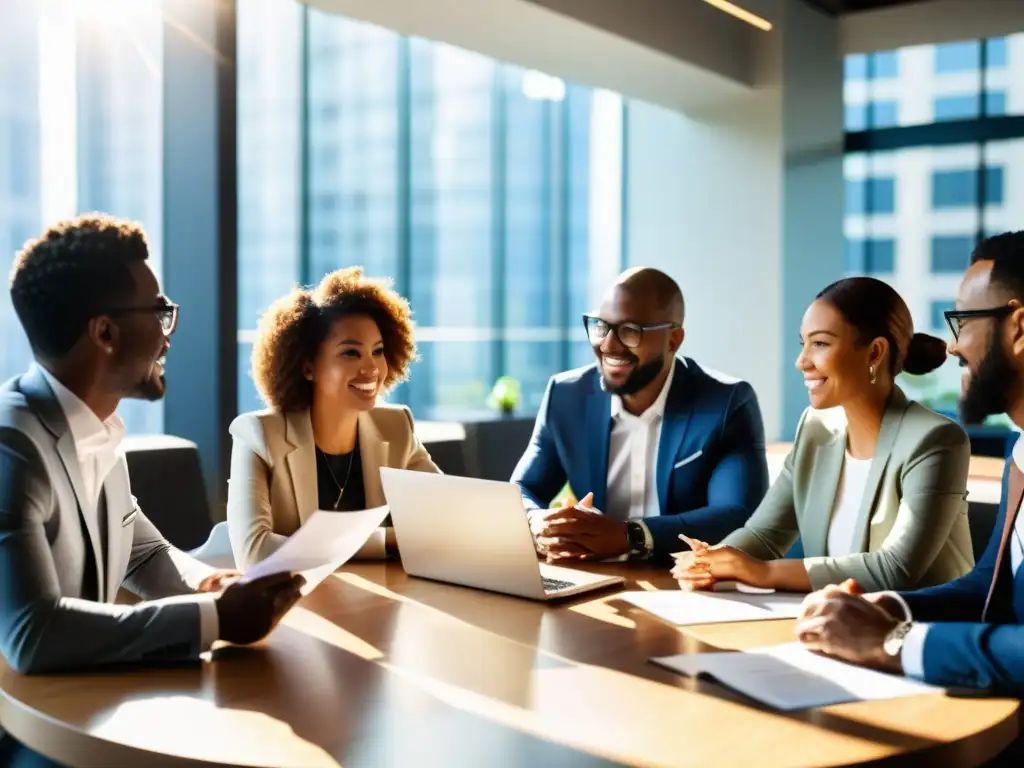 Profesionales debatiendo sobre transformación digital y derecho laboral en moderna oficina