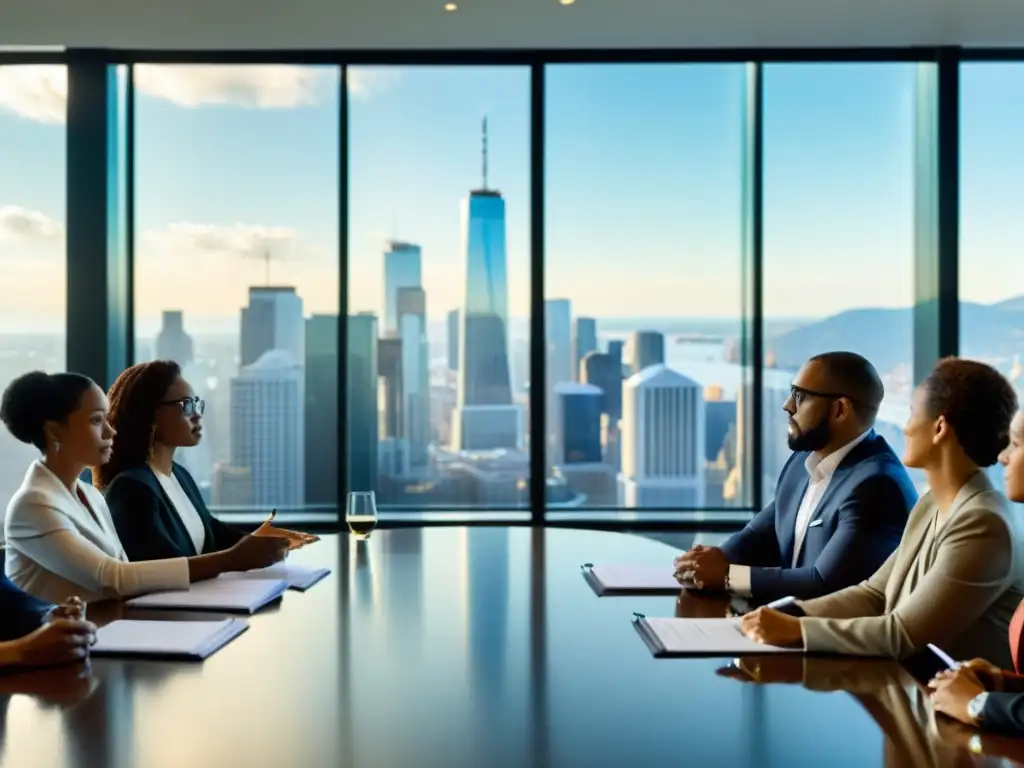 Profesionales diversificados discuten la importancia de la transparencia corporativa en una sala moderna con vista a la ciudad