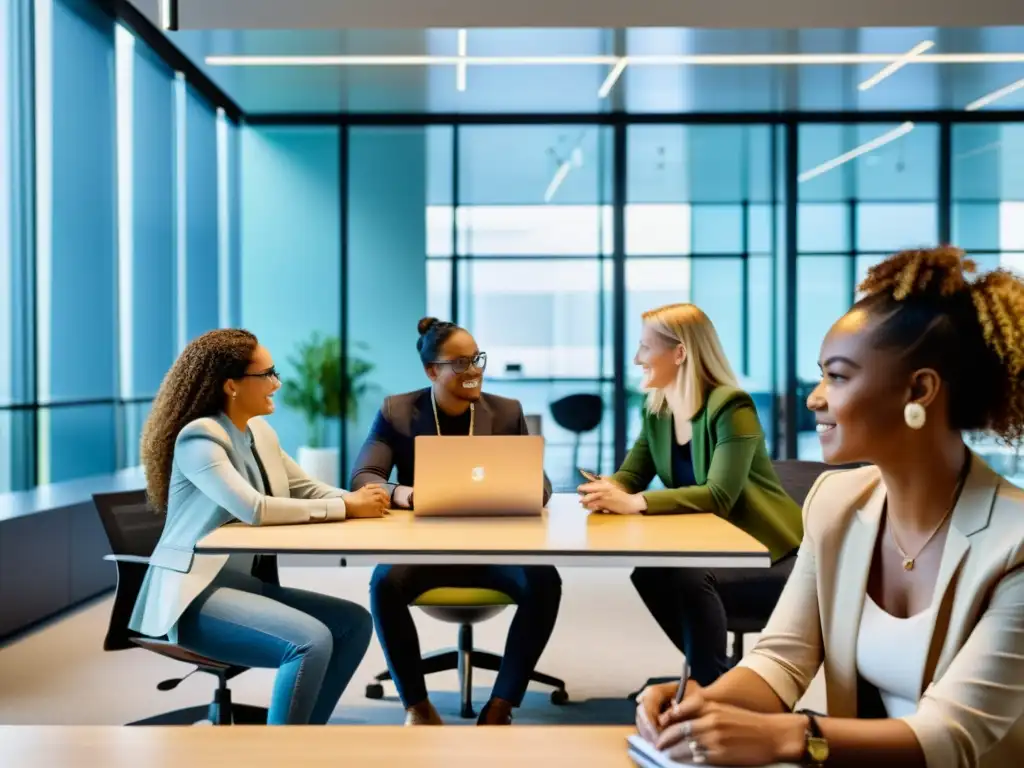 Profesionales diversos colaborando en un espacio de oficina moderno, iluminado y dinámico, cerrando la brecha de género en el trabajo digital