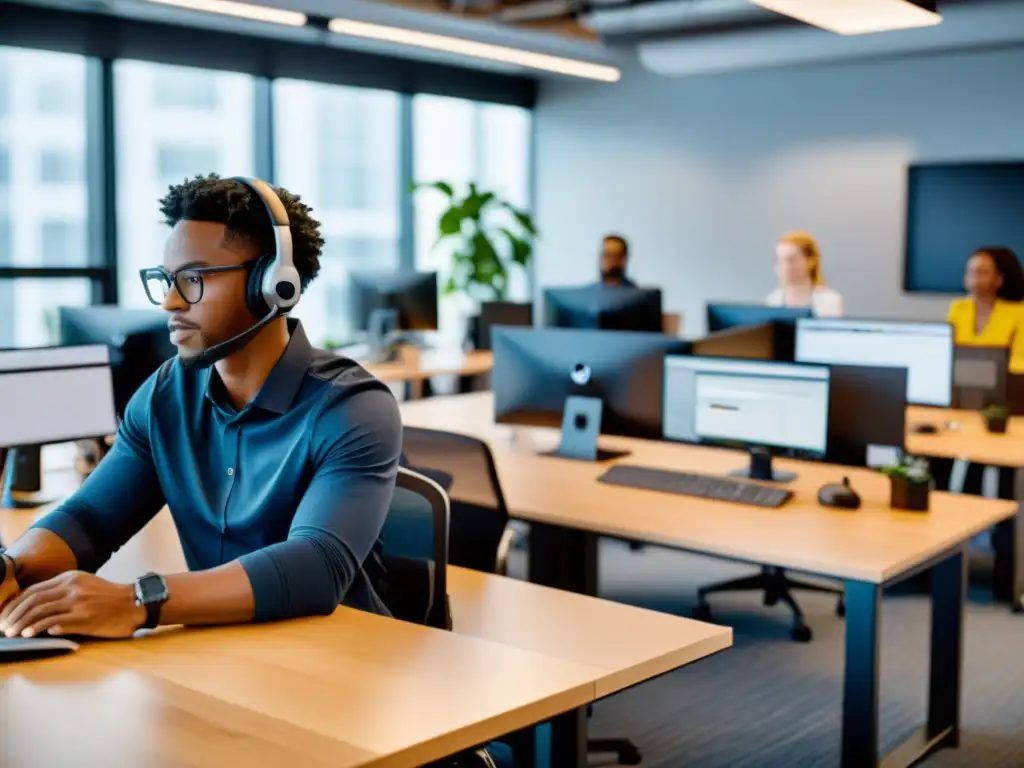 Diversos profesionales en espacios virtuales, promoviendo derechos laborales con mobiliario ergonómico y ambientes saludables