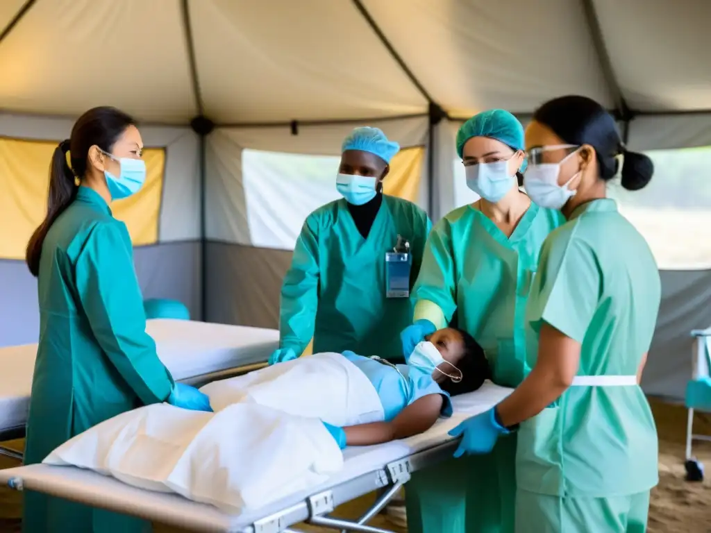 Profesionales médicos de diferentes países cooperan en un hospital de campaña, mostrando solidaridad en crisis sanitarias globales