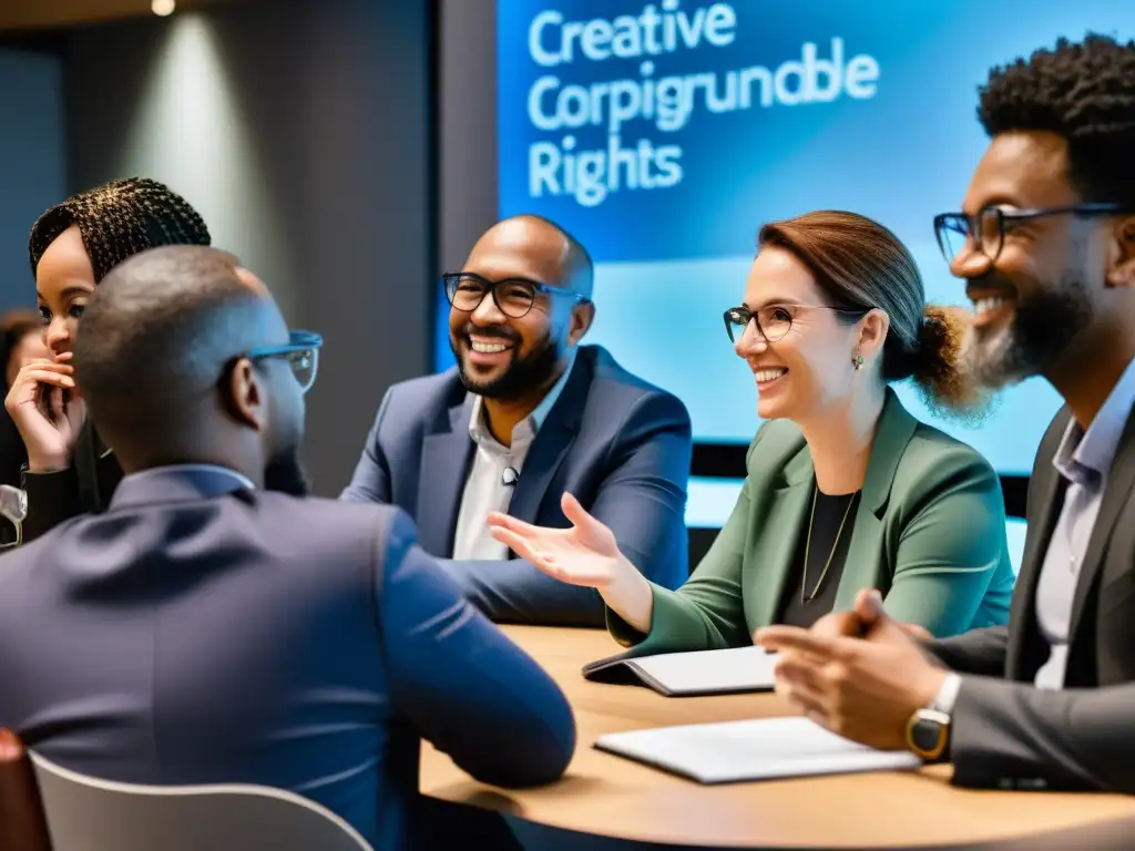 Diversos profesionales discuten en una mesa redonda sobre Derechos de autor en IA creativa, fusionando arte e innovación