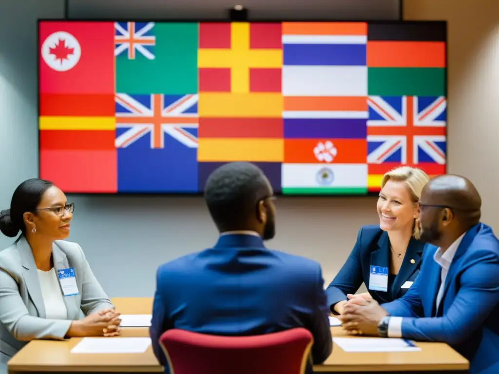 Profesionales de la salud mental de diferentes partes del mundo comprometidos en una conferencia global, con banderas internacionales de fondo