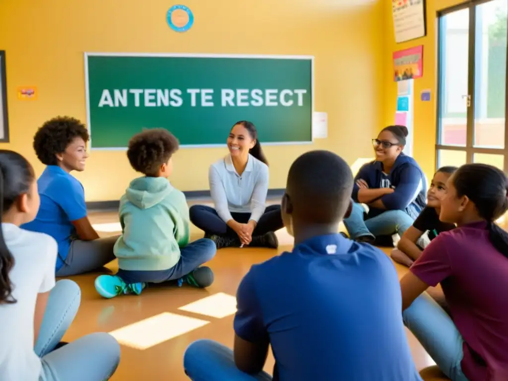 Profesor facilita círculo de estudiantes diversos en conversación profunda, fomentando estrategias respeto y empatía estudiantes