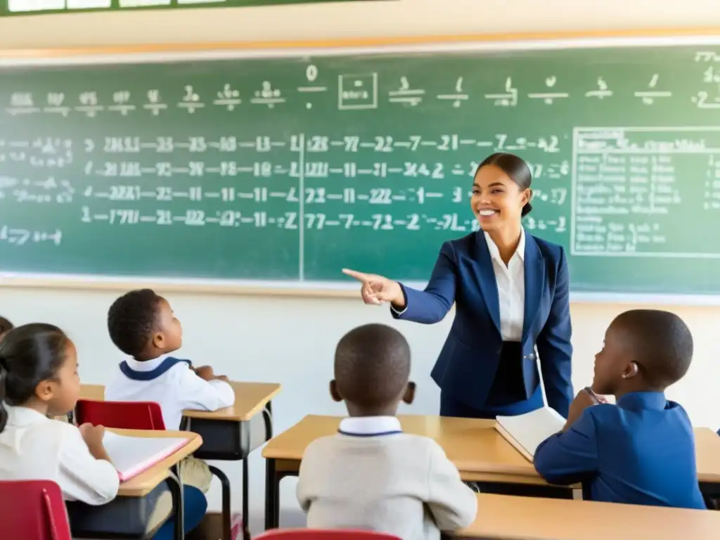 Profesor enseñando conceptos complejos a estudiantes comprometidos en un aula luminosa