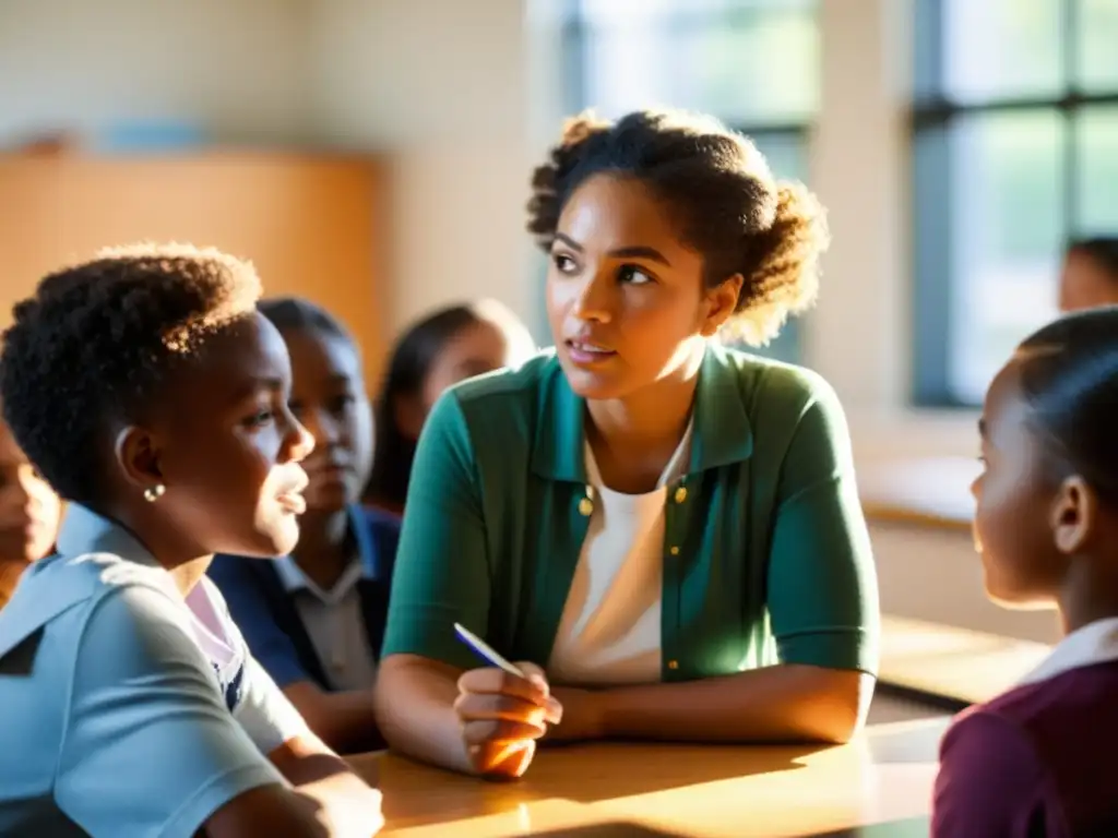 Profesor y estudiantes diversos participan en una animada discusión en un aula iluminada por el sol