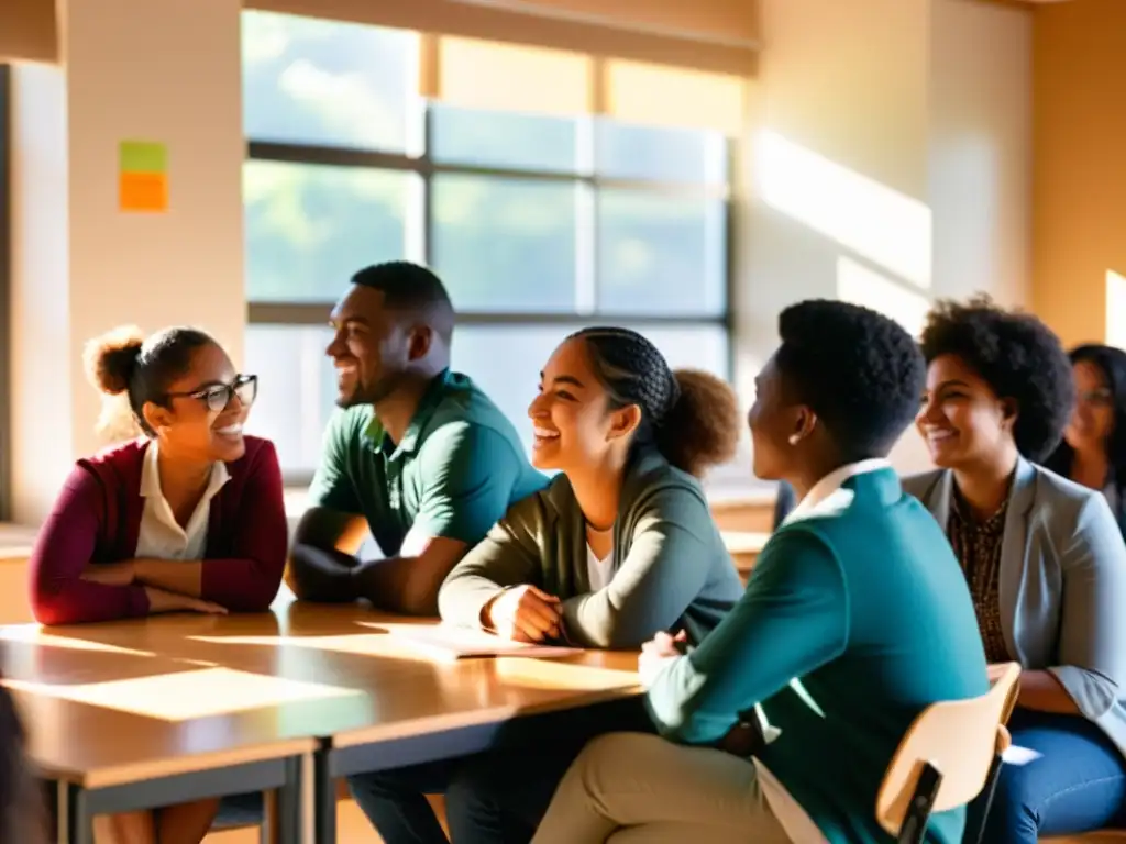 Profesor y estudiantes diversos participan en una animada discusión en un aula soleada, fomentando la equidad educativa para reducir desigualdades