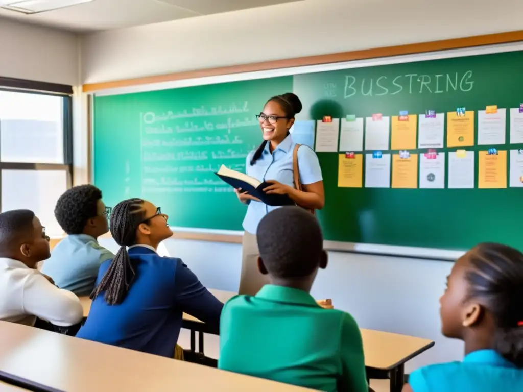 Profesor y estudiantes discuten en aula diversa, fomentando libertad de pensamiento y derechos humanos en educación