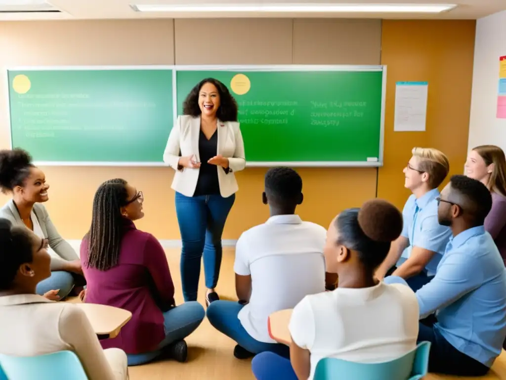 Profesor y estudiantes diversos participan en una clase de educación sexual integral, promoviendo diálogo abierto y comprensión de derechos sexuales