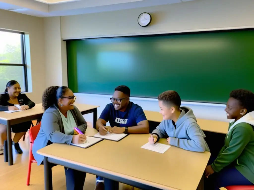 Profesor interactuando con estudiantes diversos, fomentando estrategias para promover la igualdad en un aula inclusiva y colaborativa