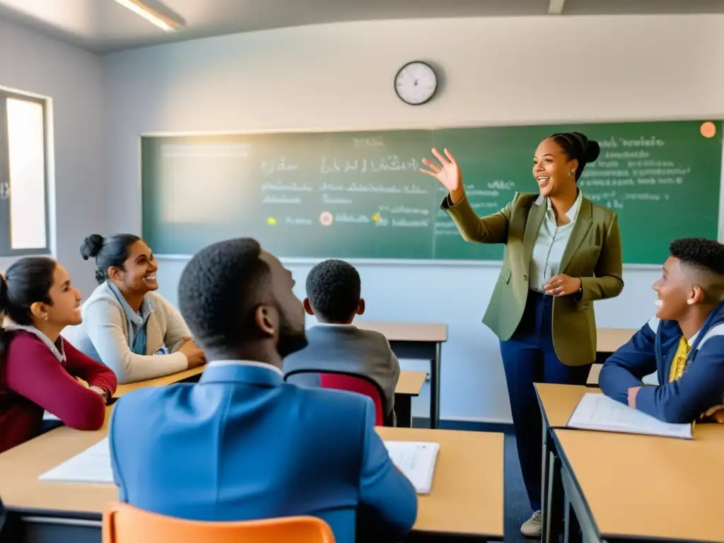 Profesor guía a estudiantes, incluidos refugiados, en animada discusión en aula moderna, fomentando validación de estudios estudiantes refugiados