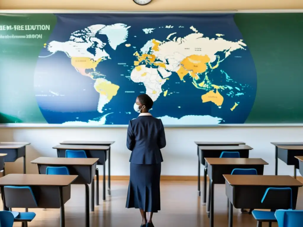 Profesor preocupado en aula vacía con mapa mundial