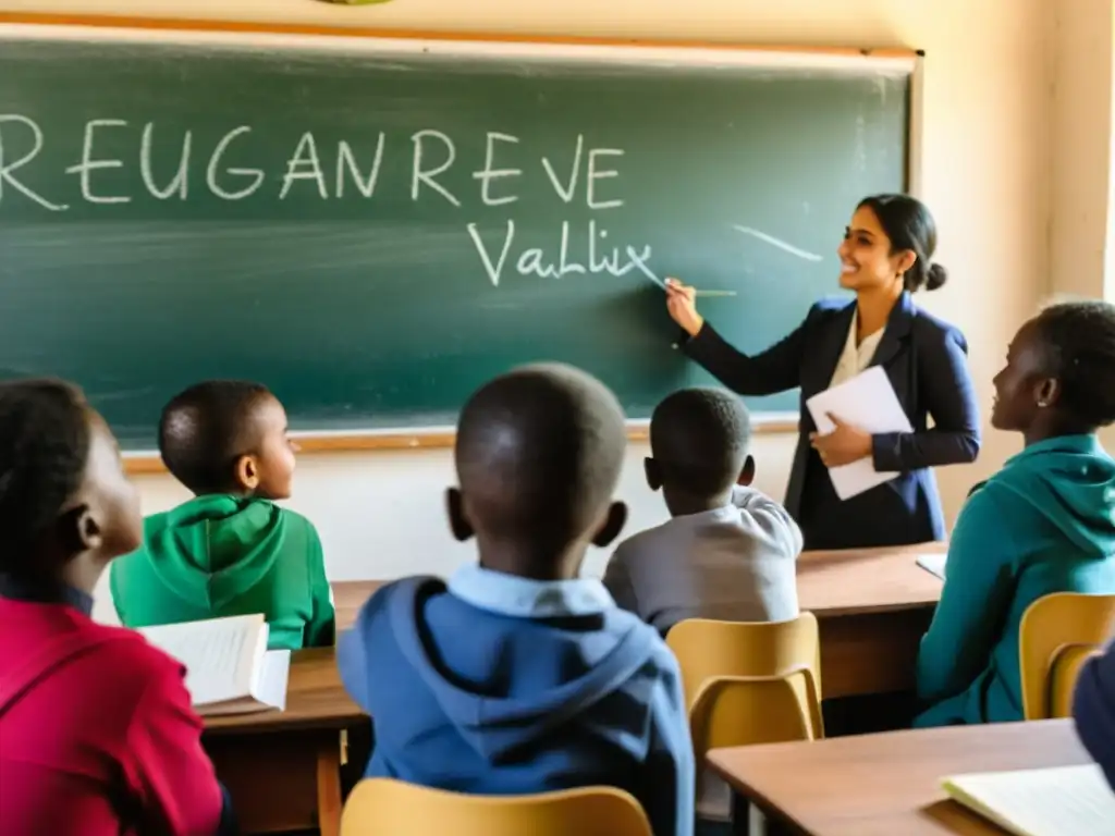 Profesora enseñando a estudiantes refugiados en aula iluminada, promoviendo la validación de estudios en entorno acogedor