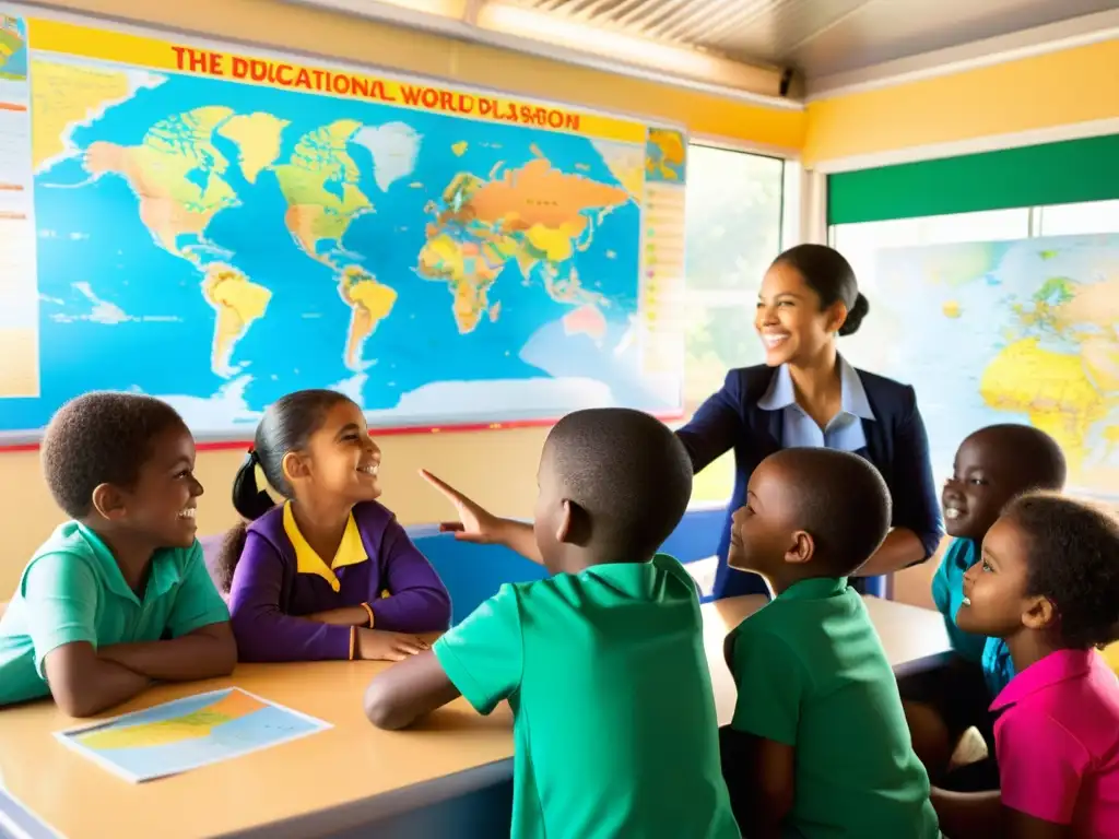 Profesora y niños de diversas edades y culturas participan en clase en una alegre escuela móvil para educación innovadora