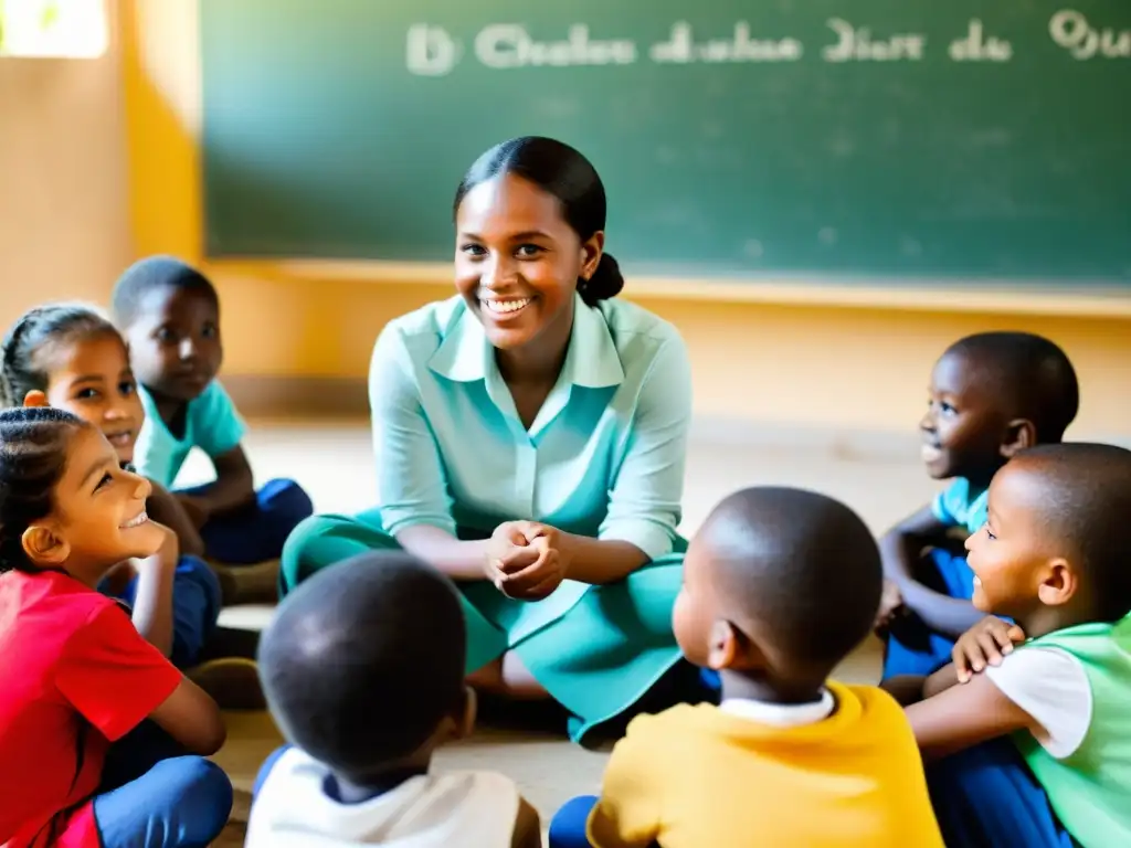 Programas educativos para superar desplazamiento: Niños atentos participando en una clase con materiales coloridos y una maestra compasiva