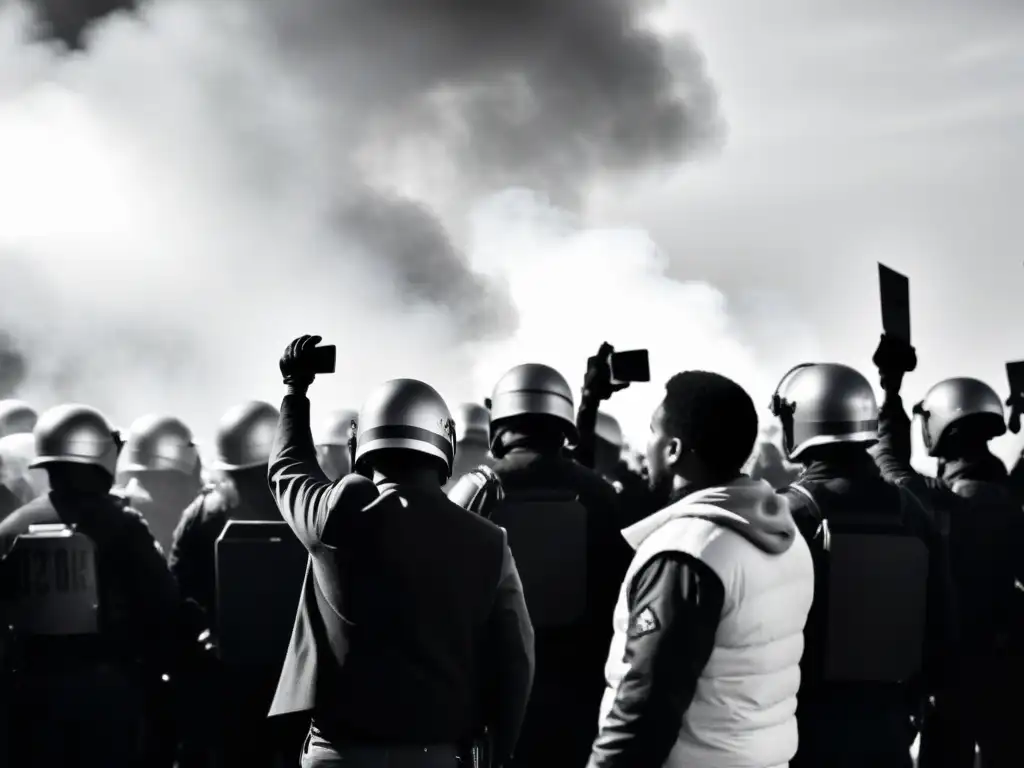 Protesta contra abuso de poder documentado siglo XXI: manifestantes desafían a la policía en imagen impactante en blanco y negro