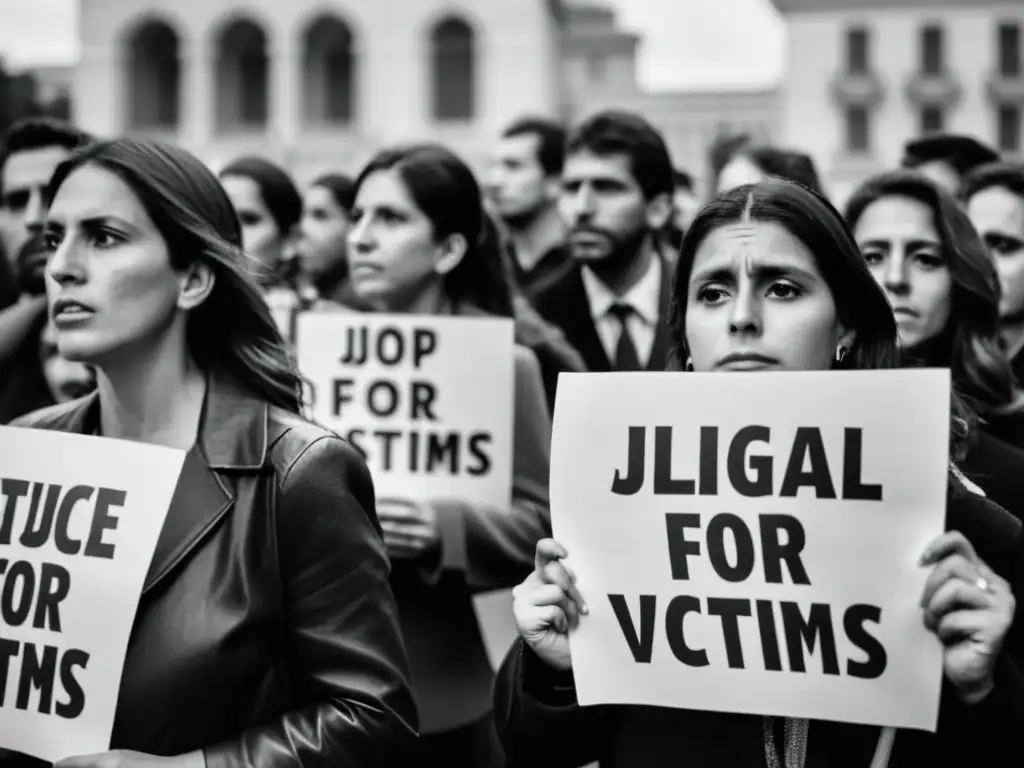 Protesta por adopciones ilegales en Argentina durante el régimen Videla: manifestantes exigen justicia frente al edificio gubernamental