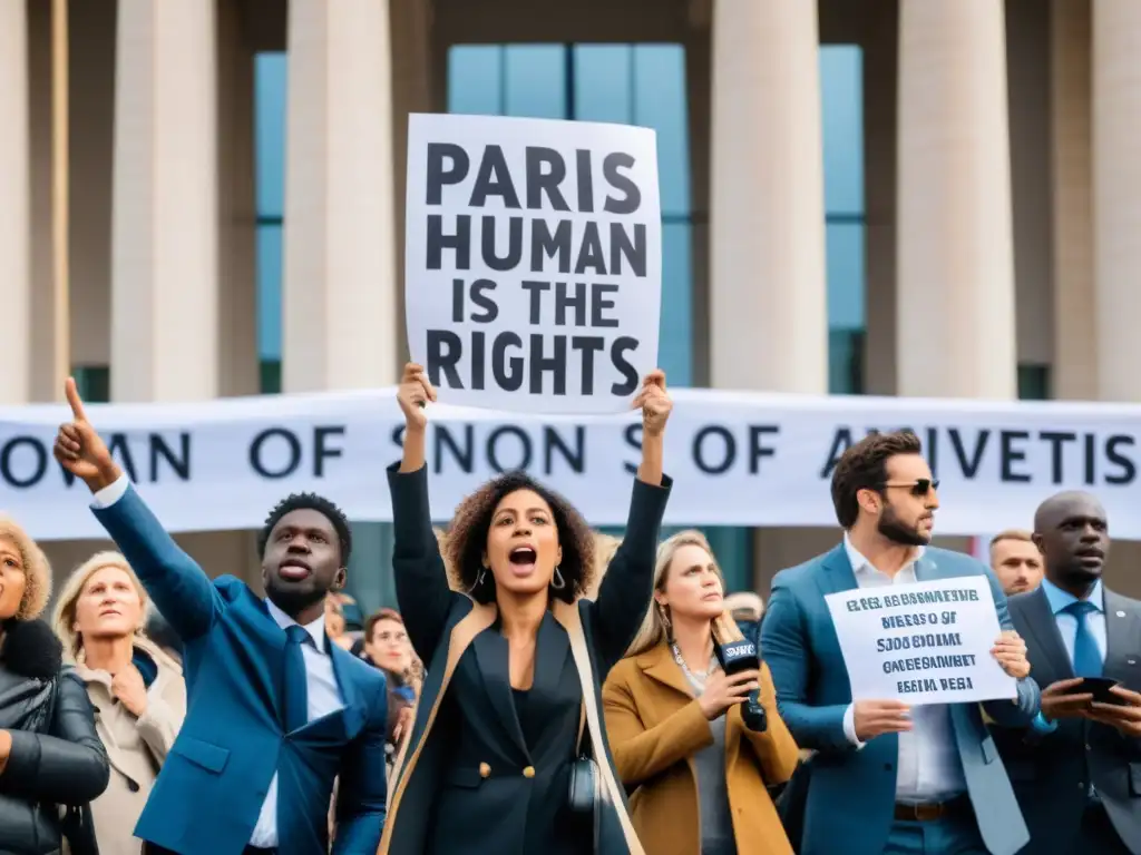 Protesta apasionada frente a un edificio gubernamental, impacto Acuerdo París derechos humanos